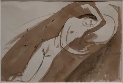 Female nude reclining on her side, left arm behind her head, right arm in front of her body
