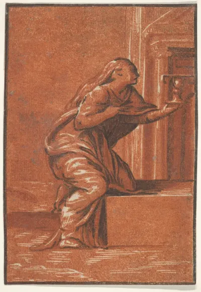 Female personification of Faith who kneels raising a chalice in her left hand, after Parmigianino