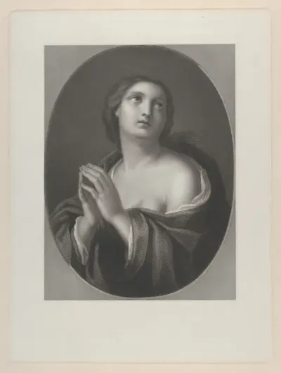 Female personification of Hope looking up with hands held together and left shoulder exposed, in an oval frame, after Reni
