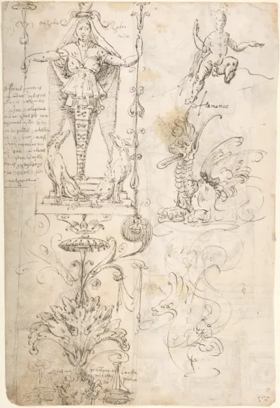 Female Term, seated figure, and fantastical creature (recto); Satyr and study of a woman and child (verso)