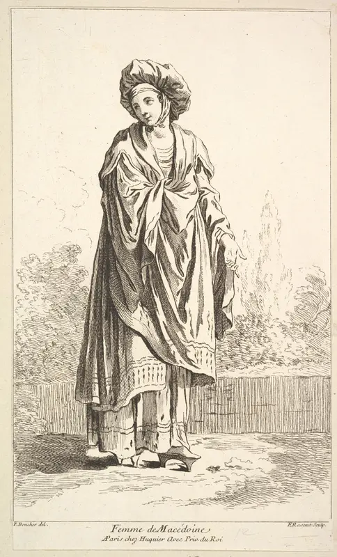 Femme de Macédoine, plate 12 from "Recueil de diverses fig.res étrangeres Inventées par F. Boucher P.tre du Roy et Gravées par F. Ravenet" (Collection of Various Foreign Figures, Devised by F. Boucher, Painter of the King and Engraved [etched] by F. 