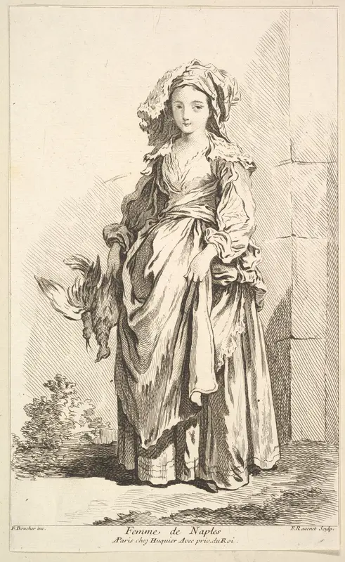 Femme de Naples, plate 2 from "Recueil de diverses fig.res étrangeres Inventées par F. Boucher P.tre du Roy et Gravées par F. Ravenet" (Collection of Various Foreign Figures, Devised by F. Boucher, Painter of the King and Engraved [etched] by F. Rave