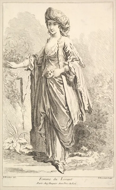 Femme du Levant, plate 8 from "Recueil de diverses fig.res étrangeres Inventées par F. Boucher P.tre du Roy et Gravées par F. Ravenet" (Collection of Various Foreign Figures, Devised by F. Boucher, Painter of the King and Engraved [etched] by F. Rave