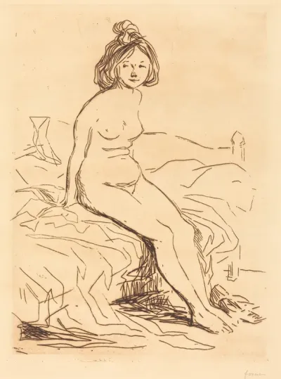 Femme nue, assise sur son lit, de face (Nude Woman, Seated on Her Bed, Front View)