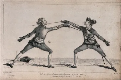 Fencing: two men are practising their positions