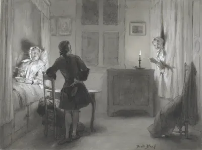 Ferdinand Huyck in het opkamertje, Tante in de bedstee en het hoofd van Susanna tussen de gordijnen