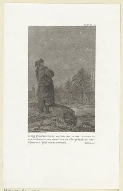 Ferdinand staat in een landschap en tuurt naar de sterrenhemel