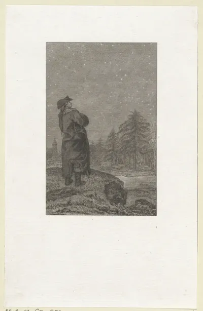 Ferdinand staat in een landschap en tuurt naar de sterrenhemel