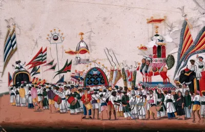 Festival of Muḥarram: a procession of people carrying colourful pennants and replicas of the martyr's tomb