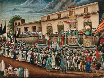 Festival of Muḥarram: a procession, to commemorate the death of the martyrs, of people carrying banners, pennants and replicas of Husain's mausoleum or the Prophet's tomb