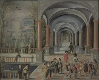 Festive Gathering and Figures from a Commedia dell'Arte in a Gallery