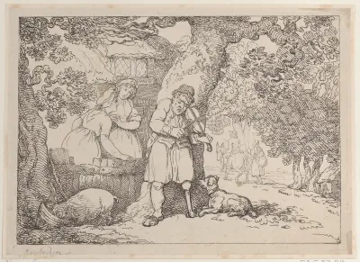 Fiddler, Sailor, Two Women and a Pig by a Cottage