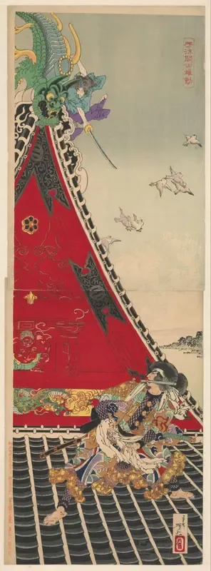 Fight on the roof between the two rivals Genpachi en Shino on the Hóryûkaku