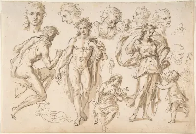 Figure and head-studies (including Bacchus) (recto); four main figure studies repeated from the recto (verso)