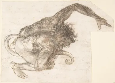 Figure of Fantastic Human-like Creature with Long Tail (recto); Fragment of a Letter or Document (verso)