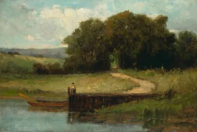 Figure on a Pier at Edge of Lake