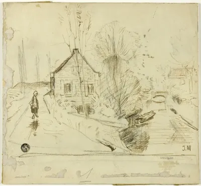Figure on Road by House and Canal