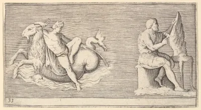 Figure on Seagoat; Man Carving Wing, from "Ex Antiquis Cameorum et Gemmae Delineata"