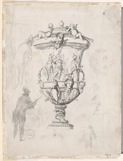 Figure Studies Over an Etching of an Ornamental Vase