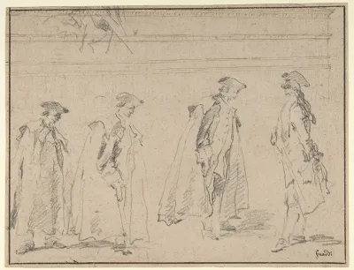 Figure Studies (recto); Figures Along a Canal and on a Bridge; to the right, a Curtain and a Stool (?) (verso)