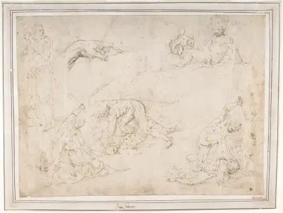 Figure Studies: Three Sketches of Cain Killing Abel, with an Altar of Sacrifice at Center, Two Standing Women, a Hand, and a Seated Child with a Squirrel