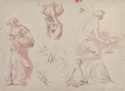 Figure Studies: Woman Carrying a Basket; Woman Carrying a Vase, and Woman Seated at a Table