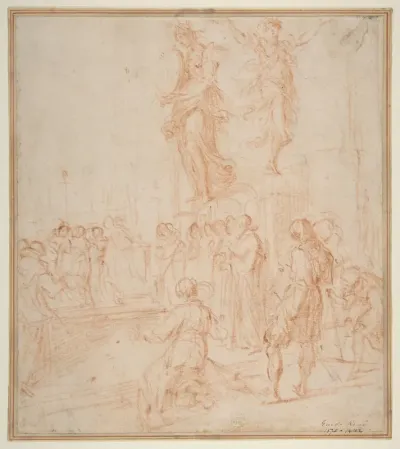 Figure Studies: Woman holding a Shield, a Dancing Female, and a Priest Supported at an Altar before a Group of Onlookers