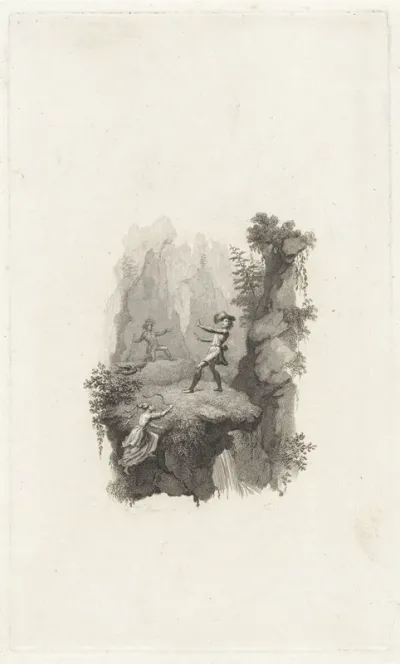 Figuren aan de rand van een rots bij een waterval