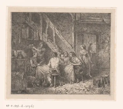 Figuren aan een maaltijd in een boereninterieur