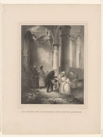 Figuren bij de ruïnes van een kerkgebouw