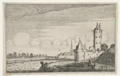 Figuren bij een boot bij een kasteel