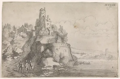 Figuren bij een fort in een rivierlandschap