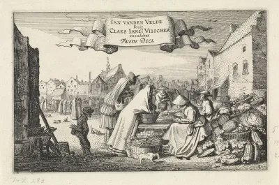 Figuren bij een groentekraam op een markt