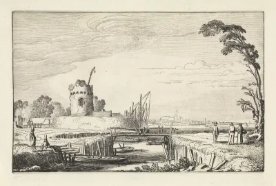 Figuren bij een haven en een toren