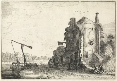 Figuren bij een herberg in een ronde toren