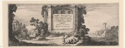 Figuren bij een hexagonaal gebouw in een landschap