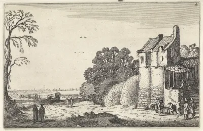 Figuren bij een huis en huifkarren op een landweg