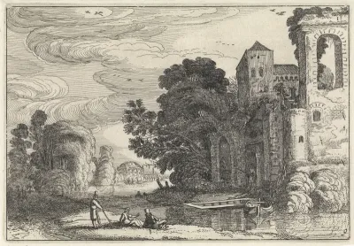 Figuren bij een kasteel bij een rivier