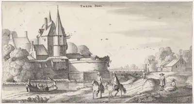 Figuren bij een kasteel in een rivierlandschap
