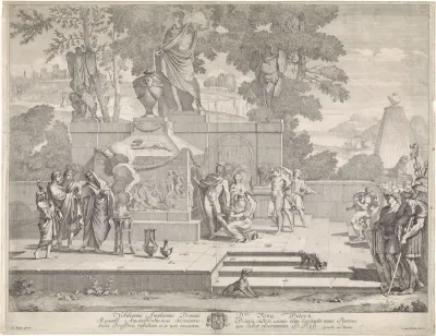 Figuren bij een klassiek grafmonument: Caesar voor de tombe van Alexander