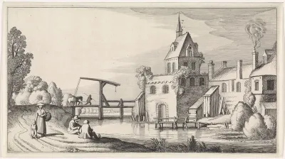 Figuren bij een ophaalbrug voor een dorp met kerktoren