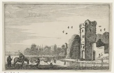 Figuren bij een pont bij een ruïne