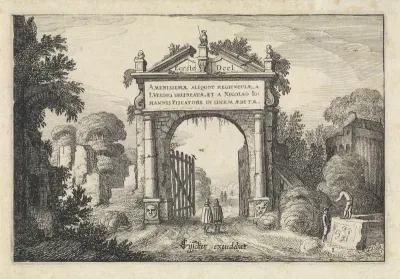 Figuren bij een poort in een landschap