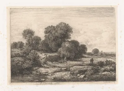 Figuren bij een rivierbedding met bomen