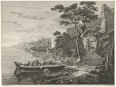 Figuren bij een schuit in een berglandschap