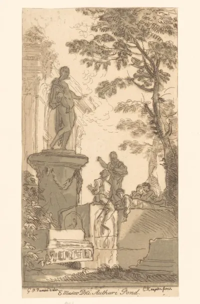 Figuren bij een sculptuur en ruïnes