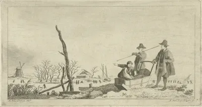 Figuren bij een slee in een winterlandschap