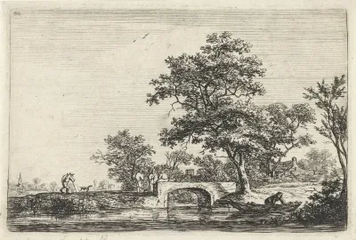 Figuren bij een stenen brug