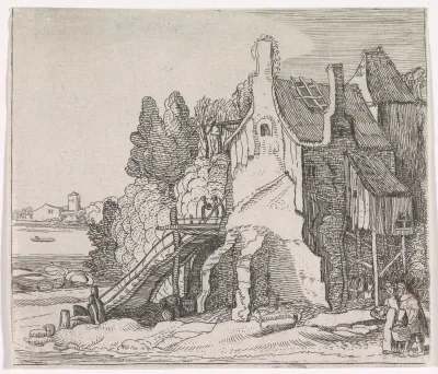 Figuren bij een vervallen huis aan een rivier