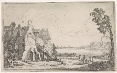 Figuren bij een vervallen huis aan een rivier